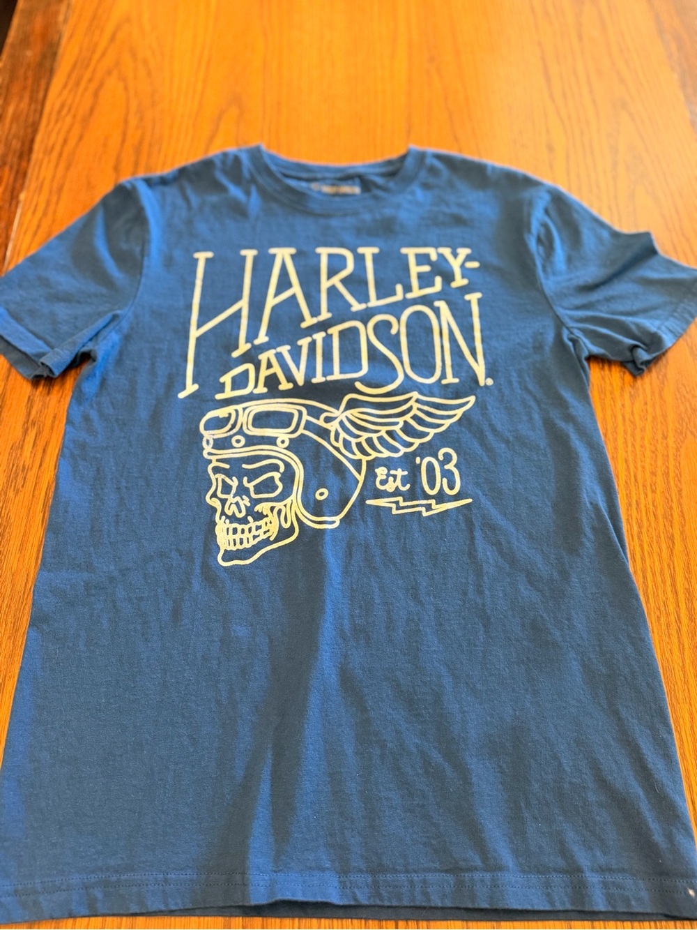 Harley-Davidson Blue Short Sleeve Tee with White Skull Graphic